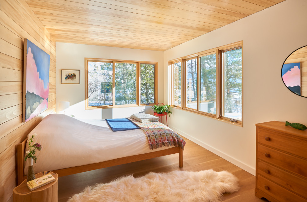Cette photo montre une chambre d'amis montagne en bois de taille moyenne avec un mur blanc, un sol en bois brun et un plafond en bois.