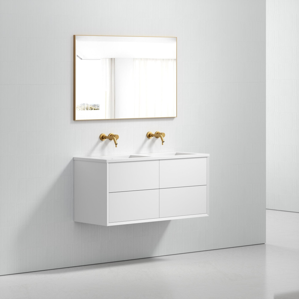 Свежая идея для дизайна: ванная комната среднего размера в стиле модернизм с белыми фасадами и тумбой под две раковины - отличное фото интерьера