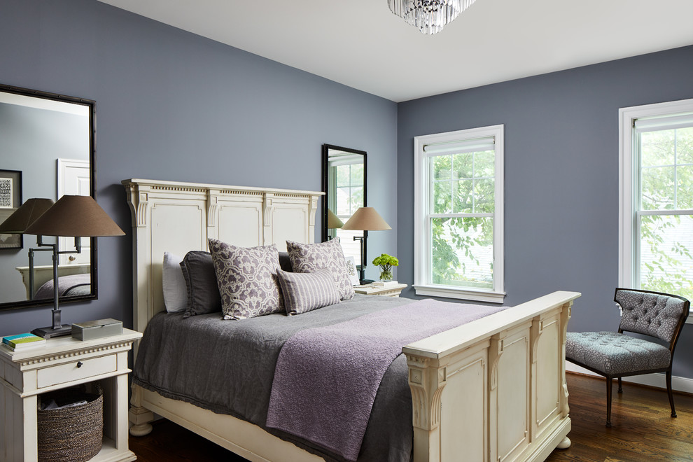 This is an example of a mid-sized transitional guest bedroom in DC Metro with blue walls, no fireplace, brown floor and dark hardwood floors.