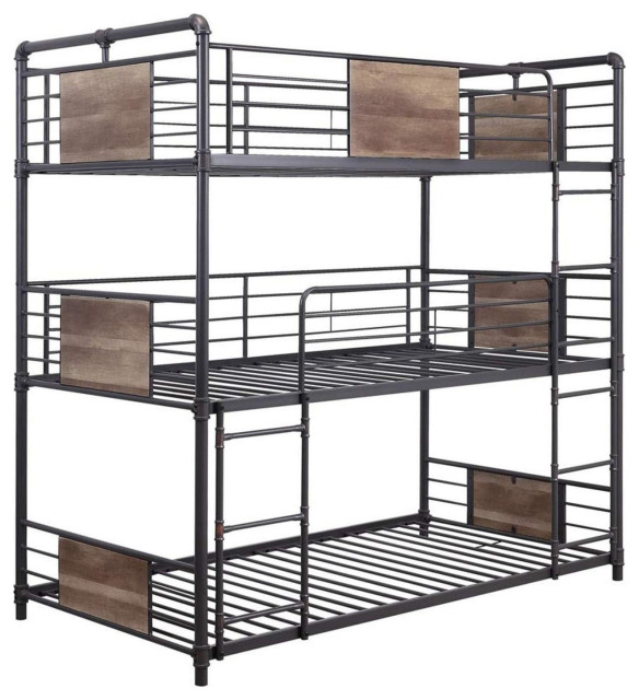 Triple Twin Bunk Bed, Safety Rails, Sandy Black Metal Frame, Dark