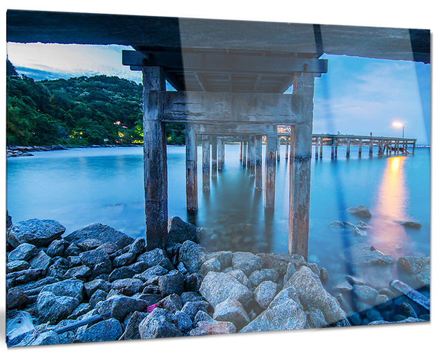"Under Wood Bridge at Twilight" Glossy Metal Wall Art, 40"x30" Beach