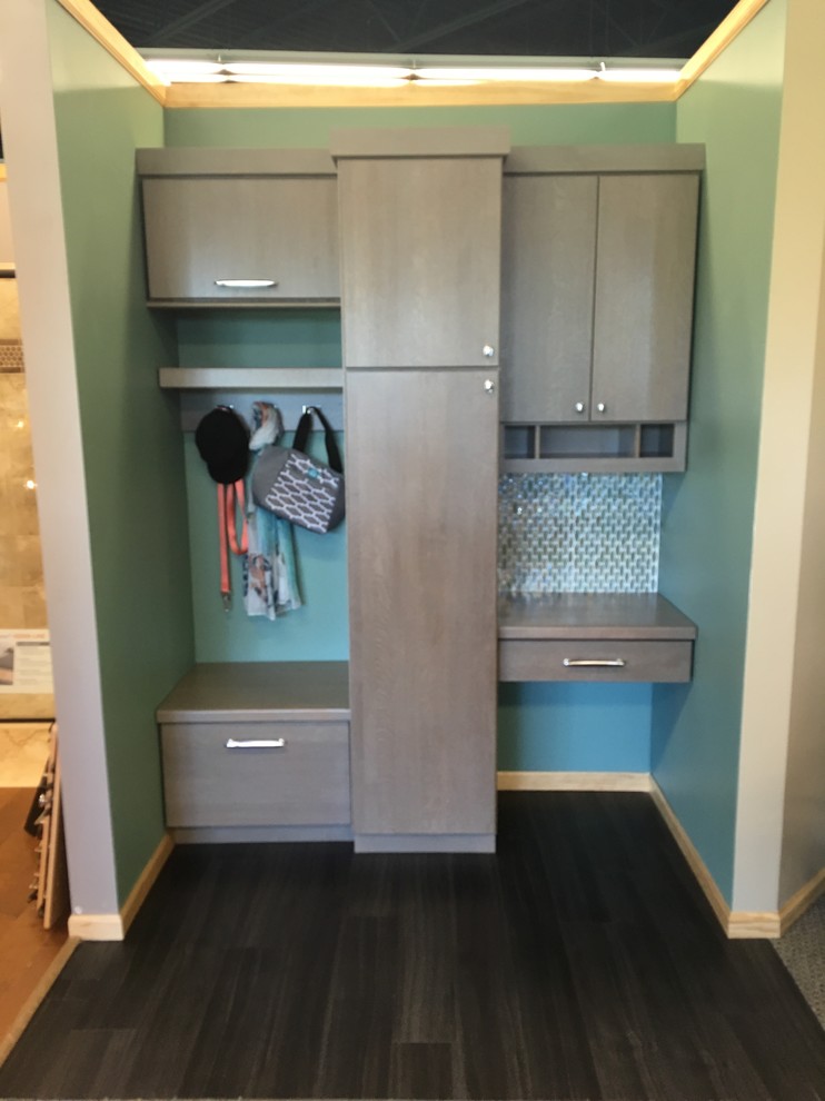 Mudroom - mid-sized transitional dark wood floor mudroom idea with blue walls