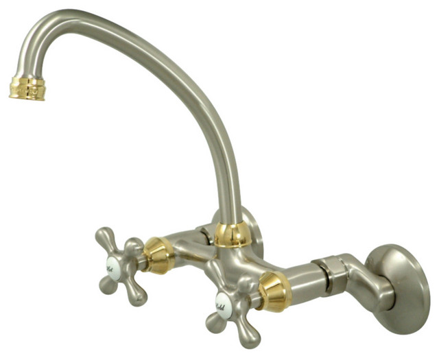 Adjustable Center Wall Mount Kitchen Faucet, Brushed Nickel/Polished Brass