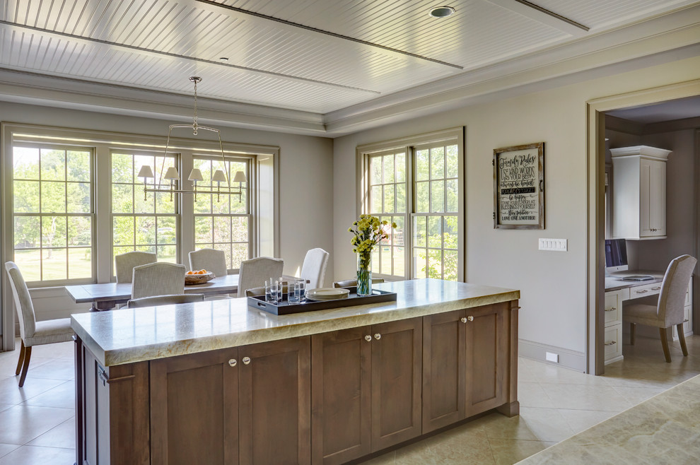 Large transitional u-shaped ceramic tile and gray floor eat-in kitchen photo with a double-bowl sink, raised-panel cabinets, white cabinets, marble countertops, beige backsplash, ceramic backsplash, stainless steel appliances and two islands