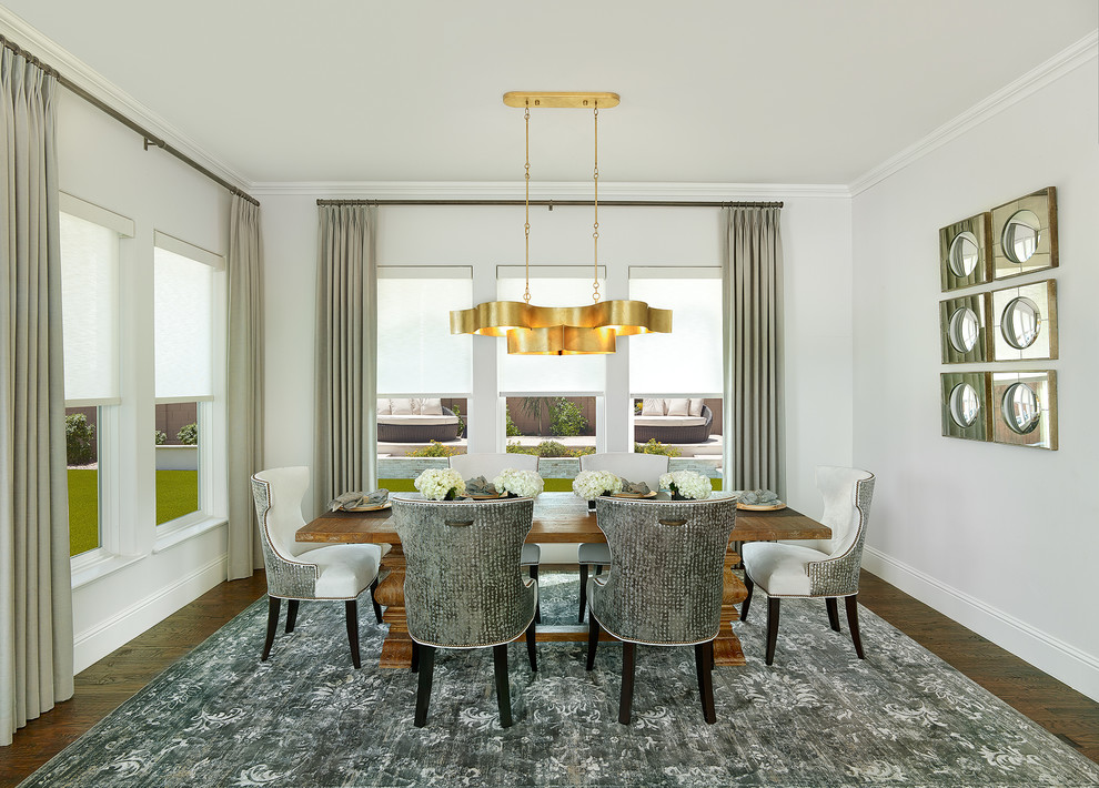 Mid-sized transitional dining room in Dallas with white walls and dark hardwood floors.