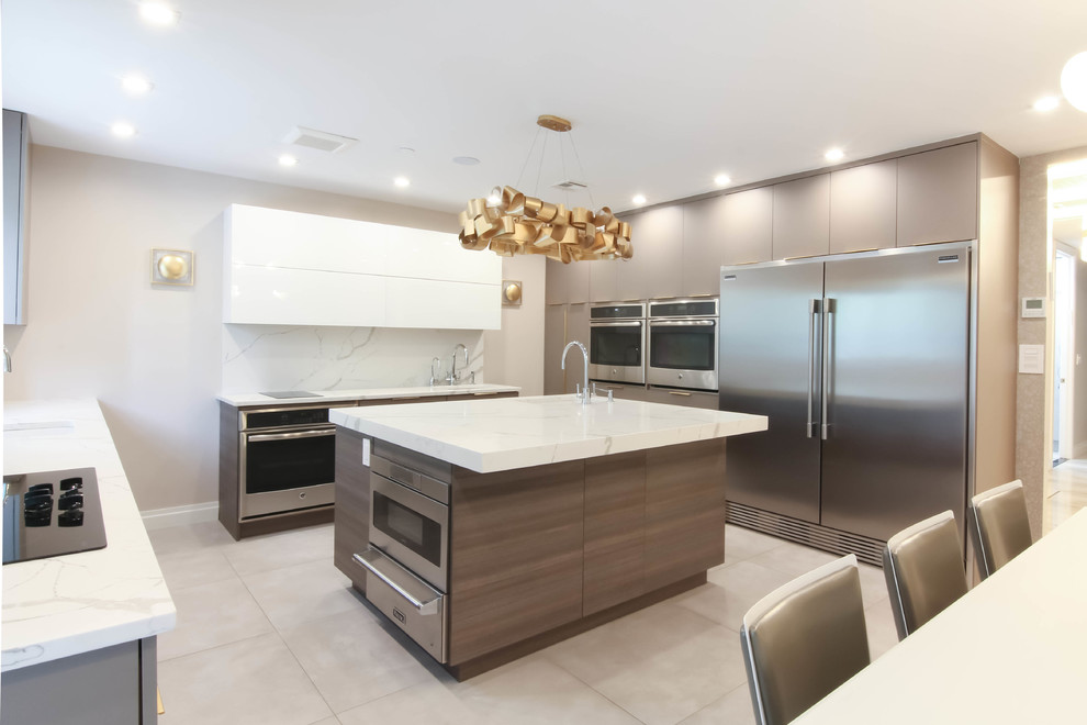 Design ideas for a large contemporary u-shaped eat-in kitchen in New York with an undermount sink, flat-panel cabinets, brown cabinets, quartzite benchtops, white splashback, stone slab splashback, stainless steel appliances, ceramic floors, with island, grey floor and yellow benchtop.