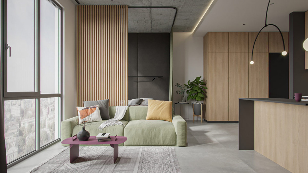 Small modern formal living room in Sydney with white walls, ceramic floors, a wall-mounted tv, grey floor, coffered and decorative wall panelling.
