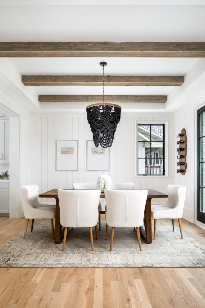 Design ideas for a transitional separate dining room in Charlotte with white walls, light hardwood floors and planked wall panelling.