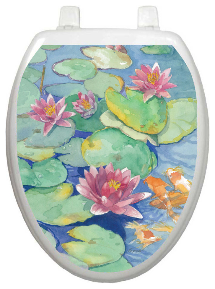 Lily Pads Toilet Tattoos Seat Cover, Vinyl Lid Decal, Bathroom Lid Décor, Elongated