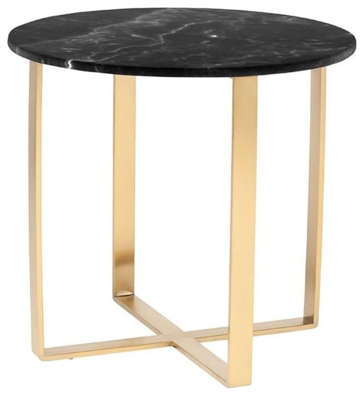 Maklaine Round Marble Top End Table in Gold and Black Contemporary