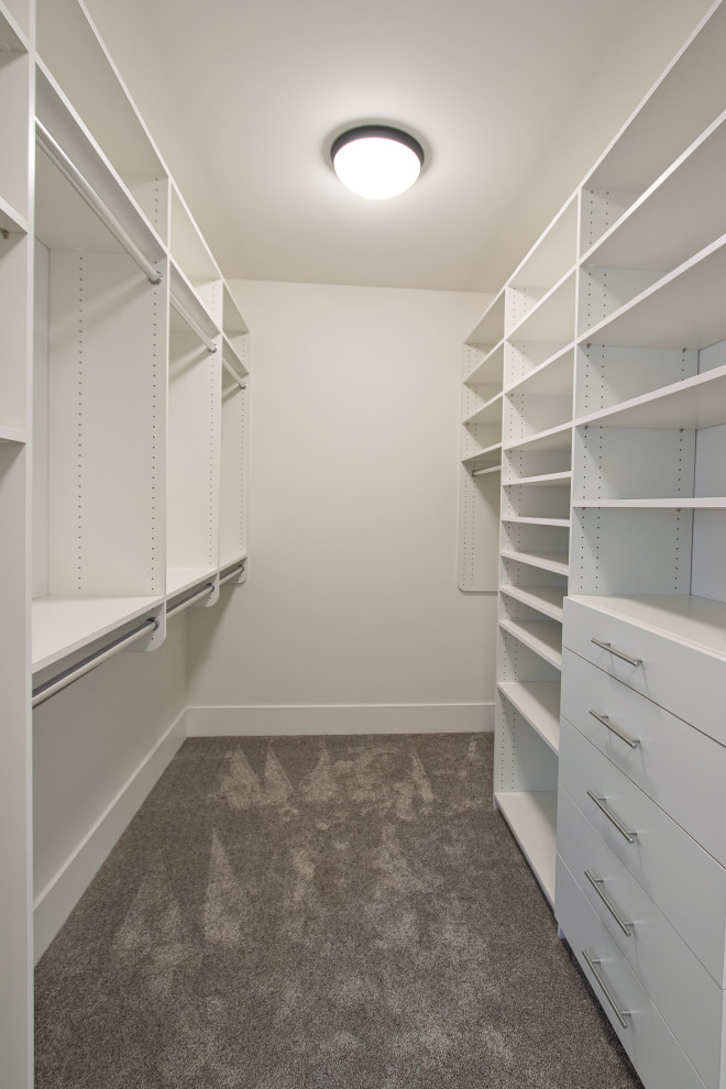Diseño de armario vestidor clásico renovado con armarios con paneles lisos, puertas de armario blancas, moqueta y suelo gris