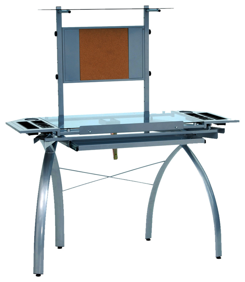 Offex Futura Tower Blue Tempered Glass Top Drafting Table, Silver
