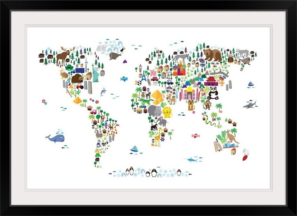 "Animal Map of the World for children, White" Black Framed Art Print, 44"x32"x1"