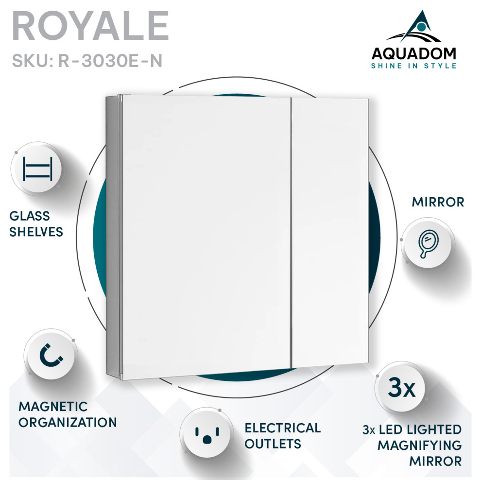Royale Medicine with Electrical Outlets, LED Magnifying Mirror 30"x30" Modern