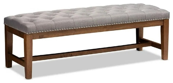 Contemporary Upholstered Bench, Deep Tufted Seat With Nailhead Trim, Walnut/Gray