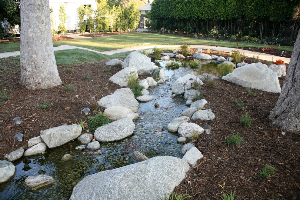 Photo of an expansive contemporary front yard partial sun xeriscape for spring in Los Angeles with with pond and mulch.