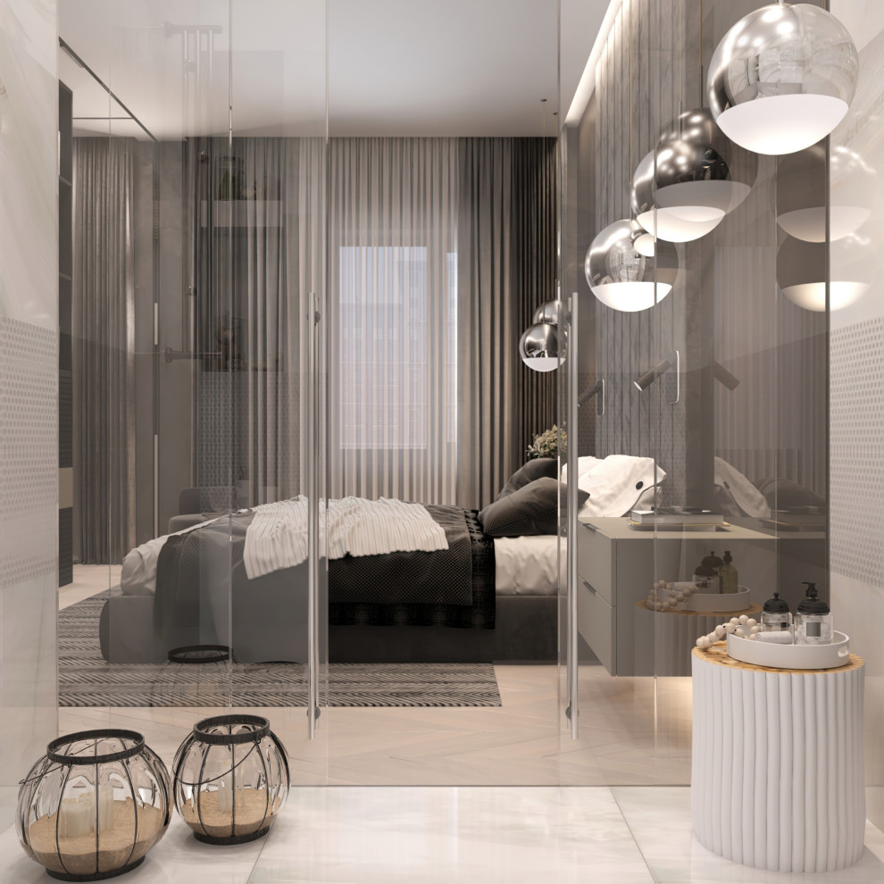 Вид на спальню из ванной комнаты