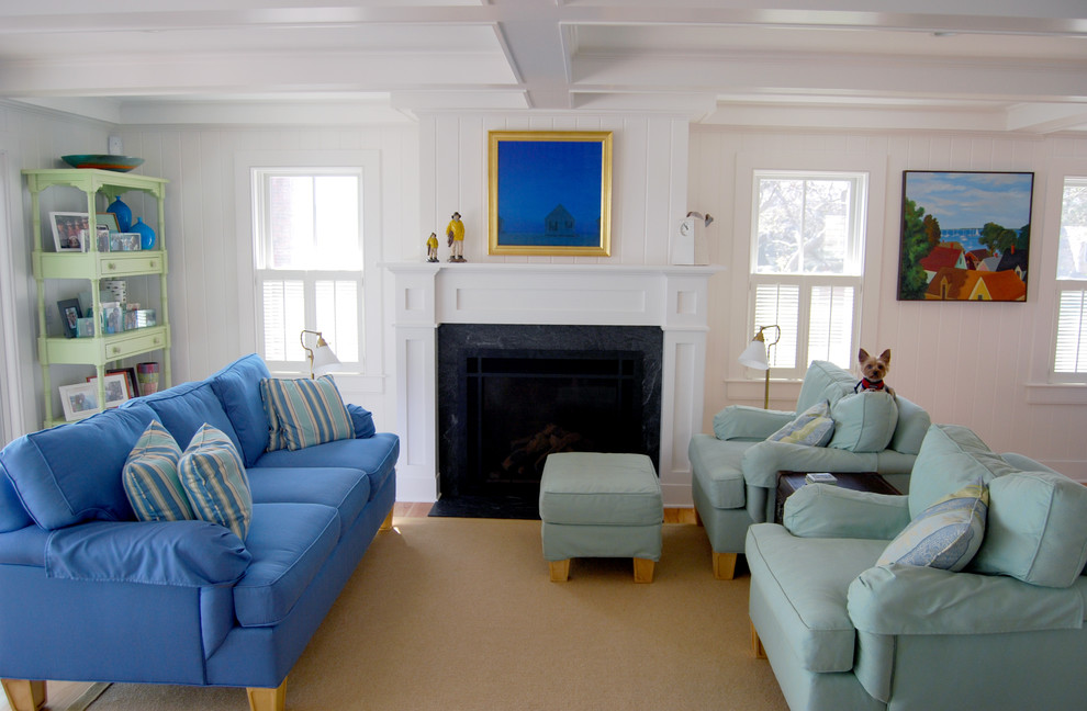 Design ideas for a large beach style open concept living room in Boston with white walls, medium hardwood floors, a stone fireplace surround and a standard fireplace.