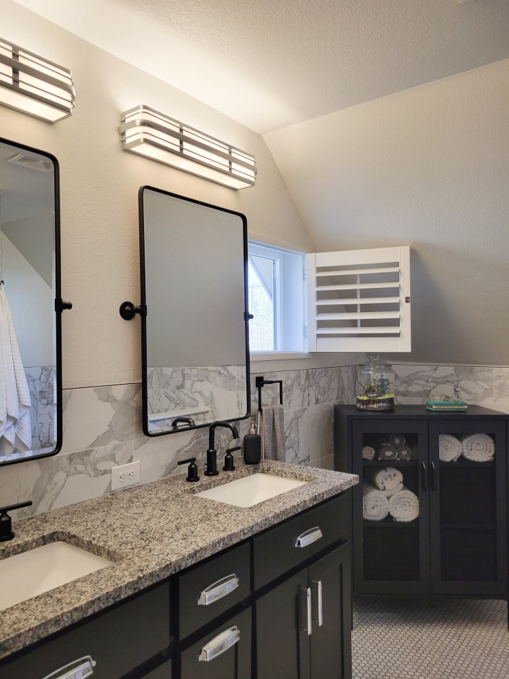 This is an example of a medium sized bohemian ensuite bathroom in Denver with shaker cabinets, black cabinets, an alcove shower, black and white tiles, ceramic tiles, ceramic flooring, concrete worktops, white floors, a hinged door, grey worktops, double sinks and a built in vanity unit.