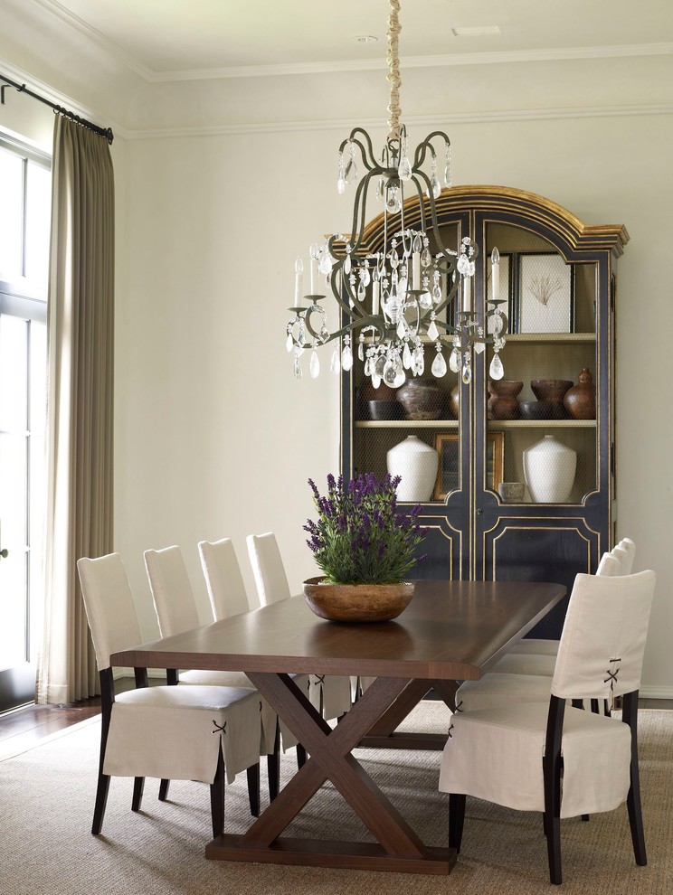 Design ideas for a mid-sized transitional separate dining room in Houston with white walls, dark hardwood floors and no fireplace.