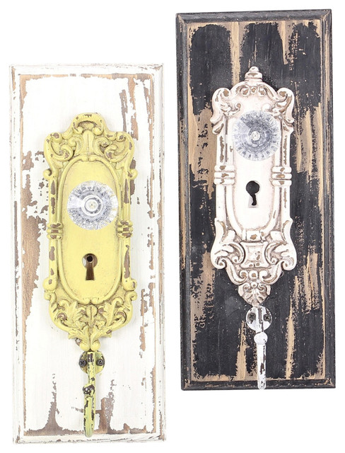 Painted Distressed Wood Vintage Look Ornate Glass Door Knob Wall