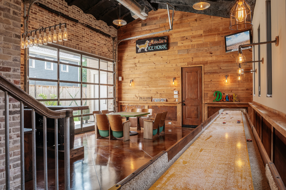 This is an example of a small industrial galley seated home bar in Houston with open cabinets, dark wood cabinets, wood benchtops, brown floor, brown benchtop and concrete floors.