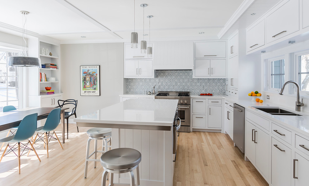 Eat-in kitchen - transitional l-shaped light wood floor eat-in kitchen idea in Minneapolis with a double-bowl sink, flat-panel cabinets, white cabinets, multicolored backsplash, stainless steel appliances and an island