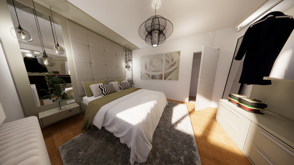 Ejemplo de dormitorio principal y blanco y madera actual de tamaño medio con paredes blancas, suelo de madera en tonos medios, suelo beige y papel pintado