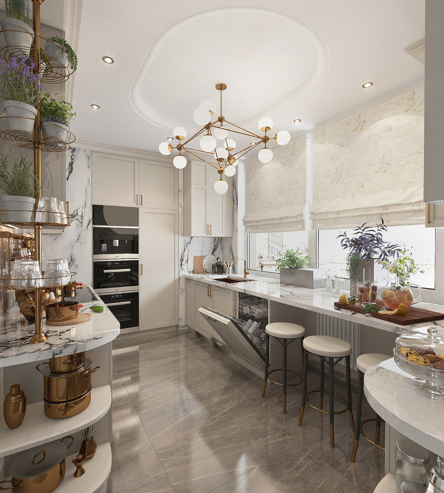 Design ideas for a large transitional u-shaped separate kitchen in Moscow with an undermount sink, recessed-panel cabinets, marble benchtops, white splashback, marble splashback, black appliances, marble floors, brown floor, white benchtop, white cabinets and no island.