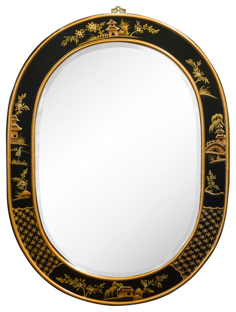 Chinoiserie Scenery Design Oval Mirror Black