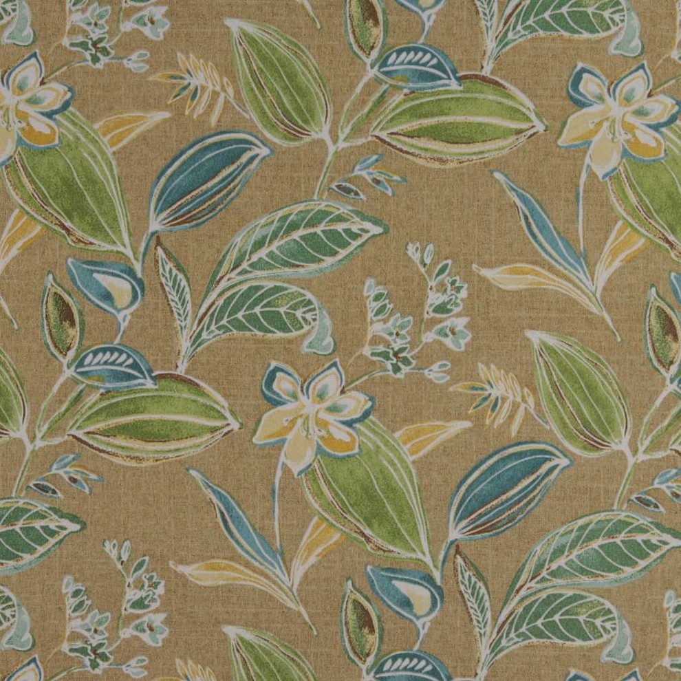 Green Blue Gold Beige Floral Leaf Indoor Outdoor Upholstery Fabric By The Yard