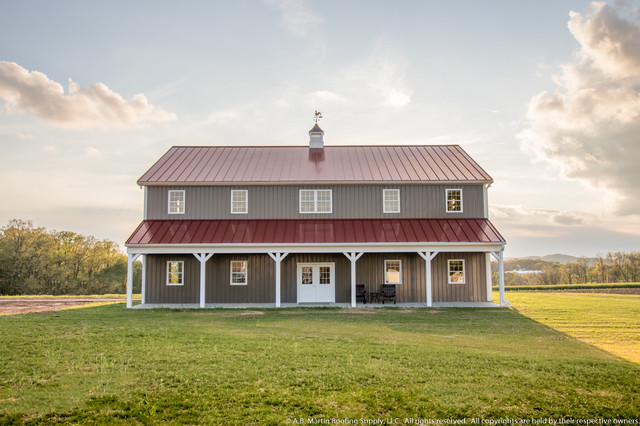 Two Story Pole Barn With Colonial Red Abseam Roof And Charcaol Abm