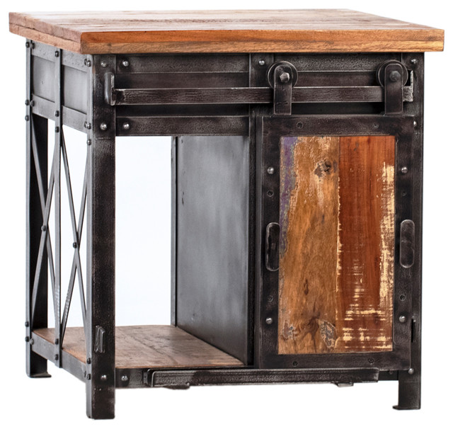 Reclaimed Wood & Iron Sliding Door Side Table Industrial Side