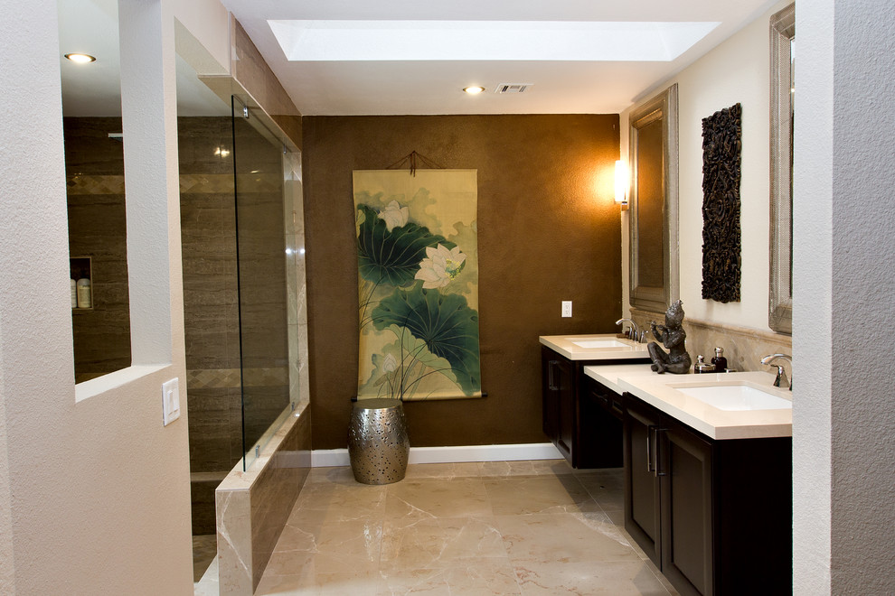 This is an example of a mid-sized asian master bathroom in Las Vegas with an undermount sink, furniture-like cabinets, dark wood cabinets, engineered quartz benchtops, an open shower, a two-piece toilet, beige tile, porcelain tile, multi-coloured walls and porcelain floors.