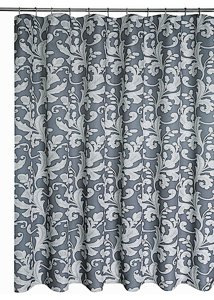 Floral Leaf Scroll Fabric Shower Curtain, Olive Green White on Gray