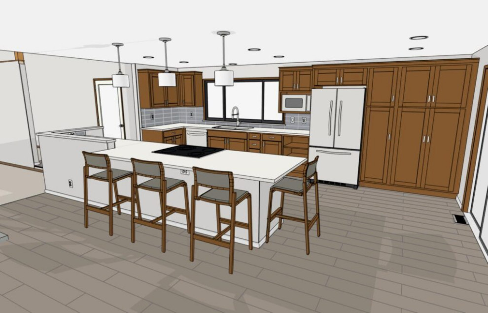 Example of a galley vinyl floor and brown floor kitchen design with flat-panel cabinets, brown cabinets, quartz countertops, blue backsplash, porcelain backsplash, an island and white countertops