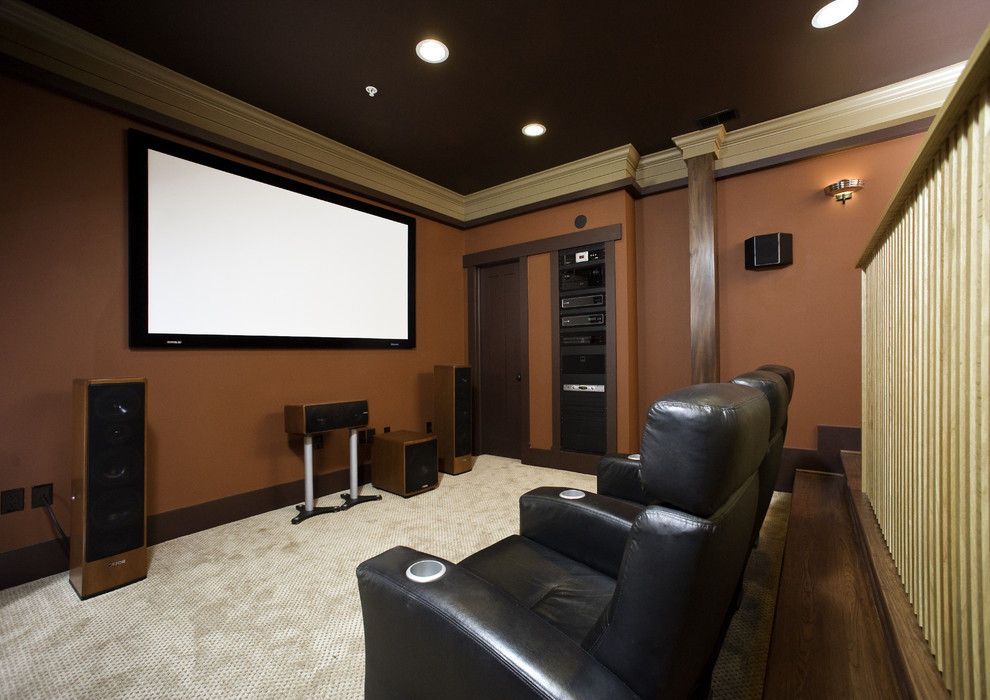 Design ideas for a traditional home theatre in Seattle with red walls.