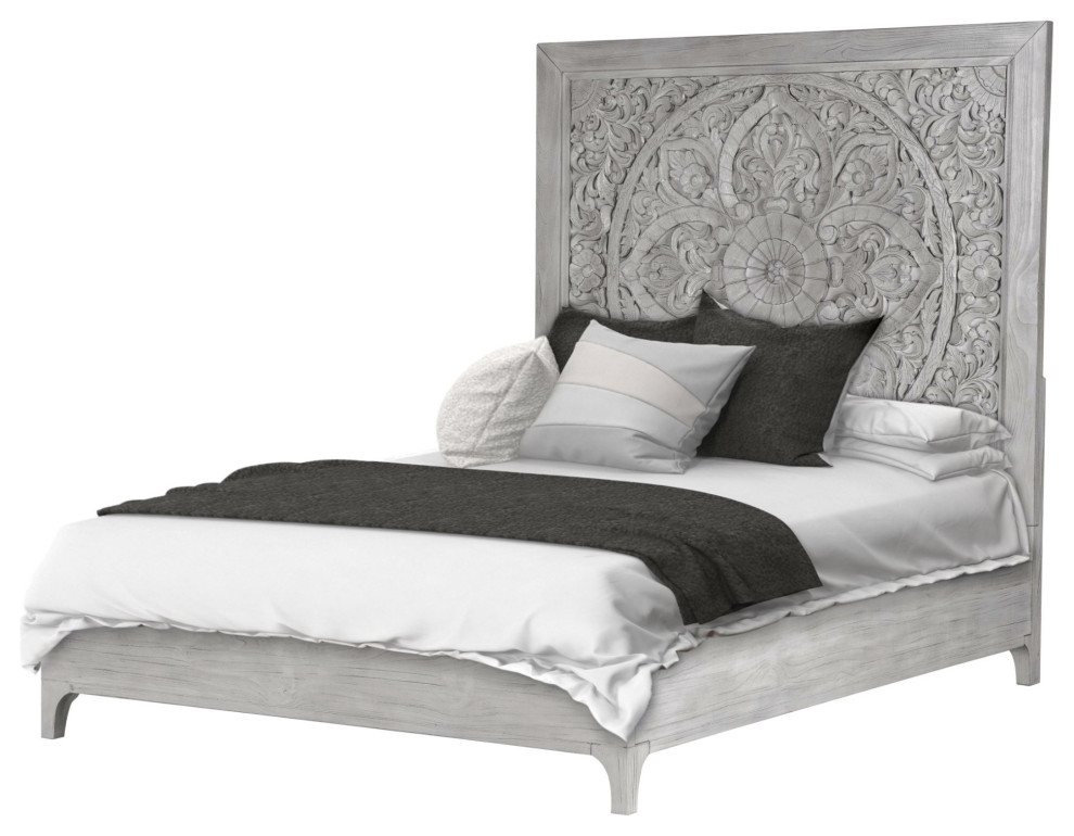 Modus Boho Chic Queen Bed in Washed White, Queen French Country