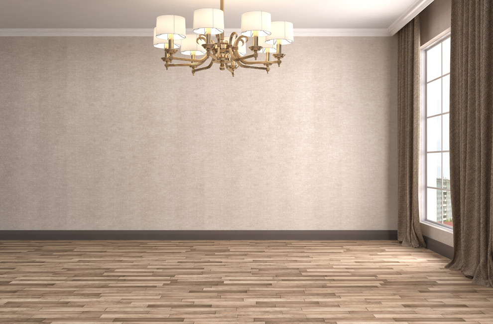 Mid-sized transitional laminate floor great room photo in Orange County with gray walls and no fireplace