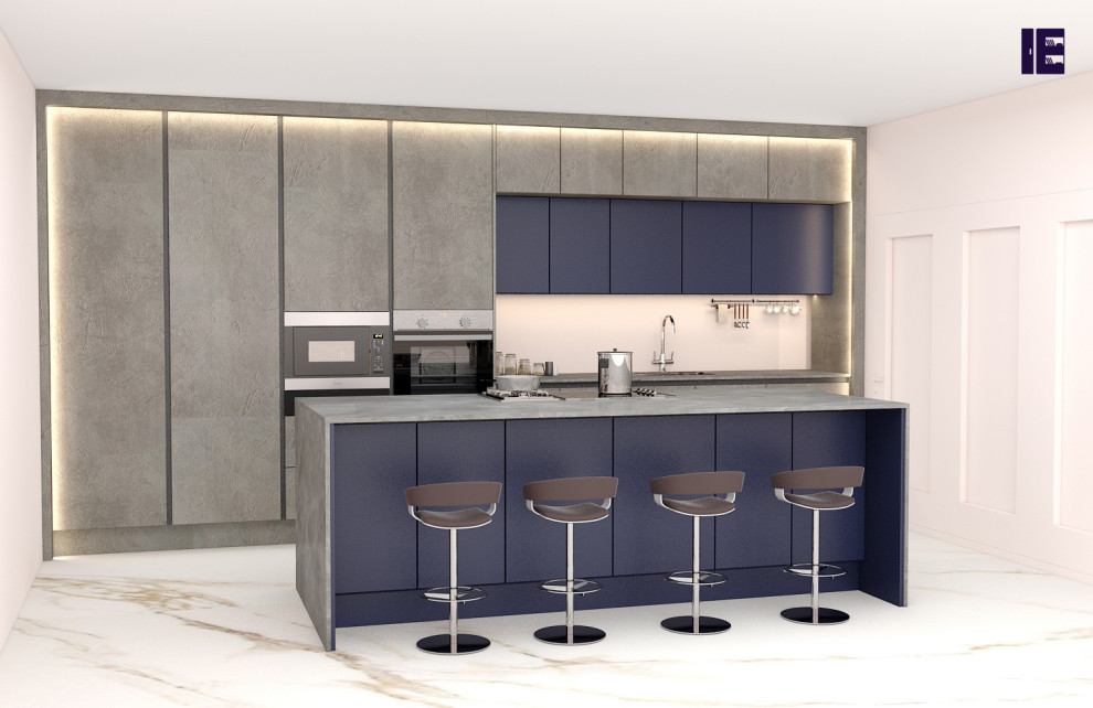 Esempio di una grande cucina contemporanea con lavello a vasca singola, ante lisce, ante blu, top in granito, penisola e top blu