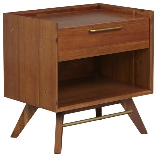 Topbuy 2-Tier Mid-Century Modern Acacia Wood Coffee Table With Glass Tabletop And Imitation Rattan Storage Shelf