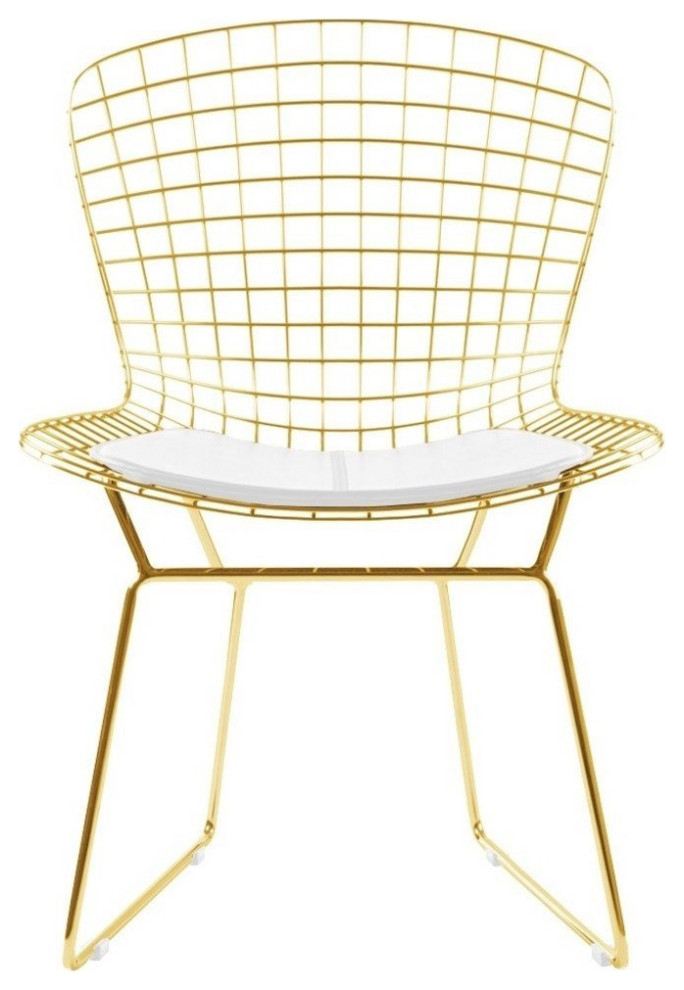 Bertoia Wire Chair Style, Gold, White Cushion, Set of 2 Contemporary