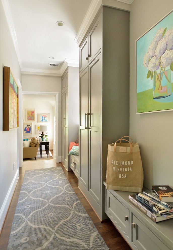 Hallway - mid-sized transitional dark wood floor hallway idea in Richmond with gray walls