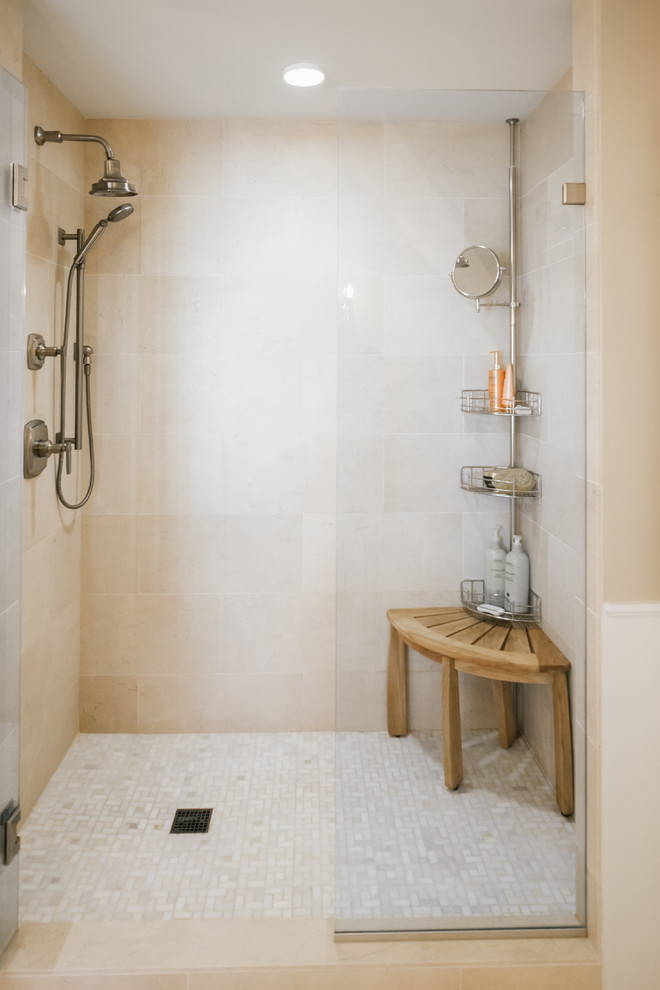 Mid-sized traditional master bathroom in Minneapolis with raised-panel cabinets, white cabinets, an alcove shower, beige walls, travertine floors, an undermount sink and marble benchtops.