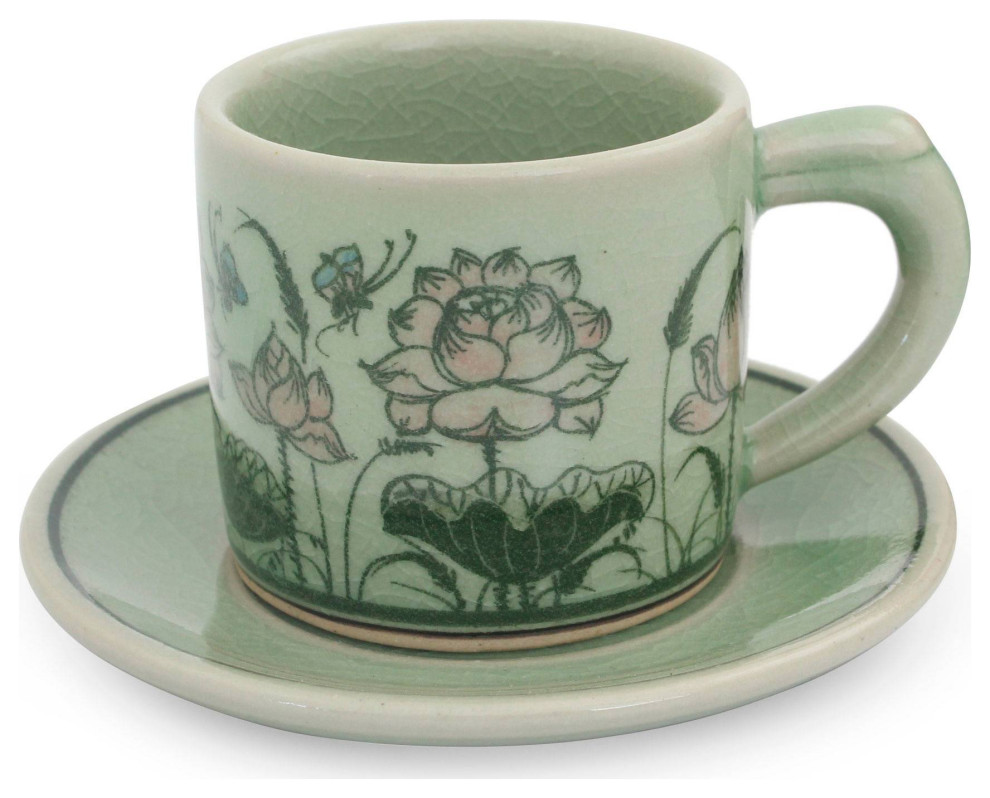 NOVICA Pink Lotus Butterflies And Celadon Ceramic Demitasse Cup And Saucer