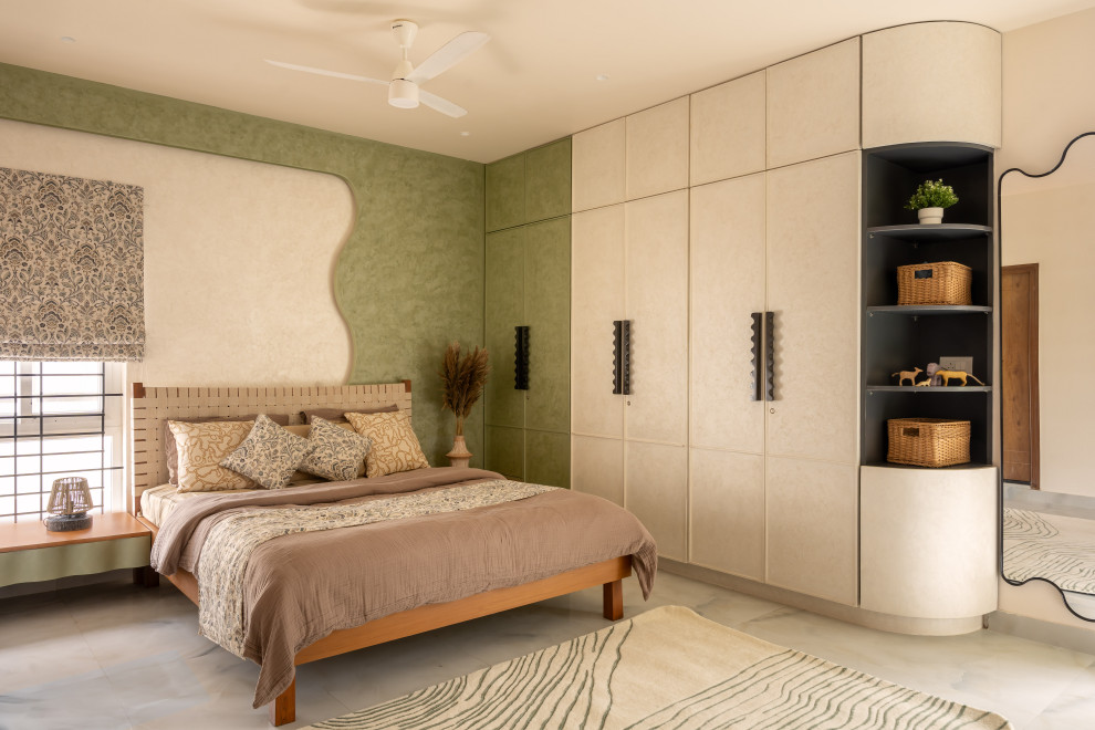 Contemporary bedroom in Bengaluru With Multi-coloured Walls and Gray.