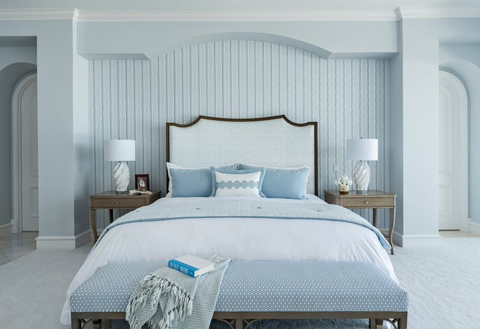 Bedroom - large transitional master carpeted, white floor and wallpaper bedroom idea with blue walls