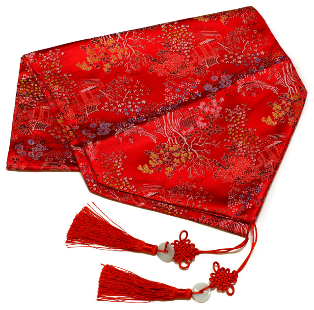 50 Inch Red Silk Chinese Courtyard Table Runner Asian Table Runners