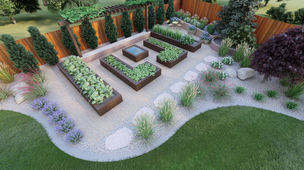 This is an example of a mid-sized modern backyard xeriscape in Denver with a vegetable garden and gravel.