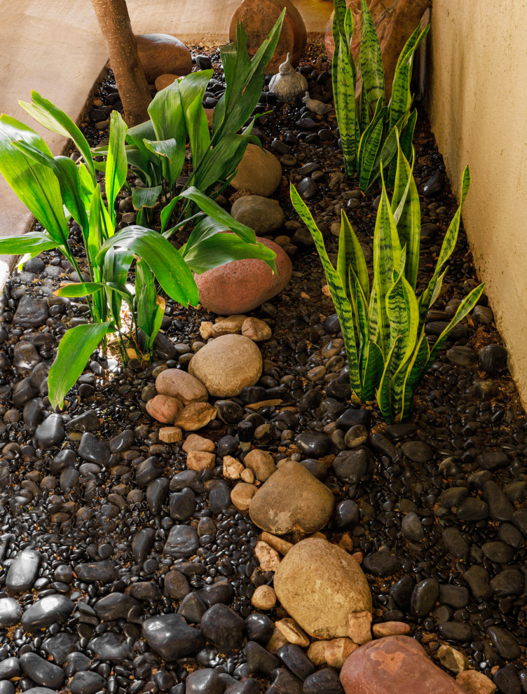 Photo of a small modern front xeriscape fully shaded garden in Phoenix with decorative stones and a pathway.